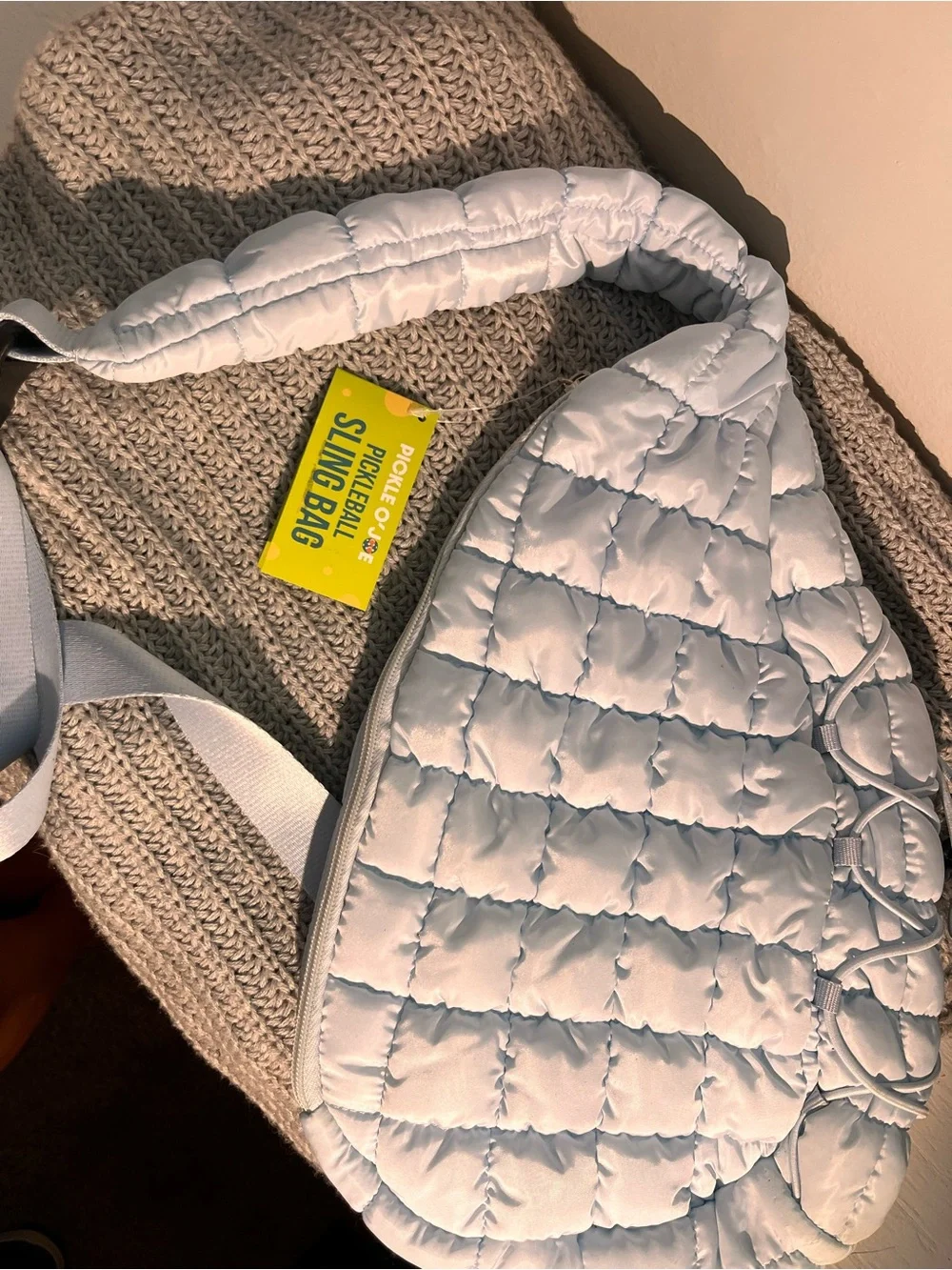 Pickleball Sling Bag Quilted Drawstring Backpack - Light Blue